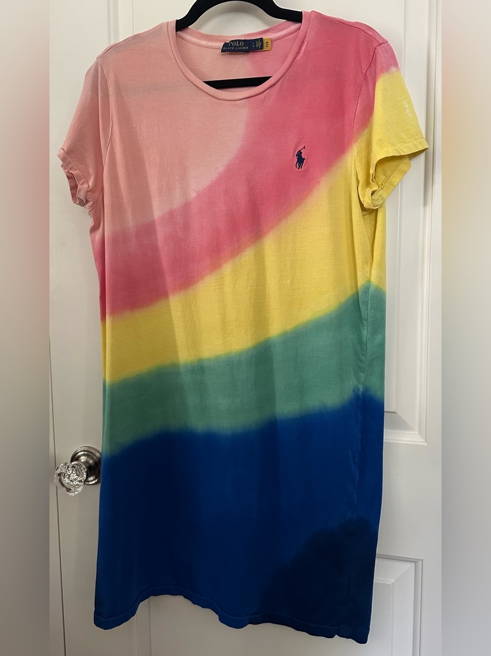Polo Ralph Lauren Rainbow Tie Dye T-Shirt Dress Pink Yellow Blue Large